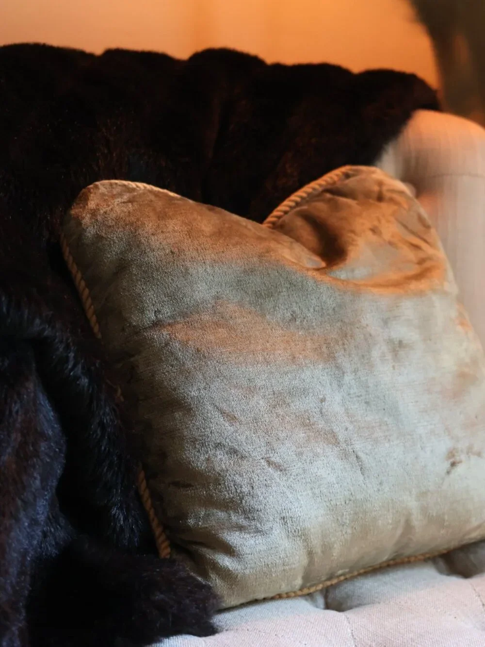 Vintage Olive Gold Velvet Accent Pillow with Twisted Cord Trim